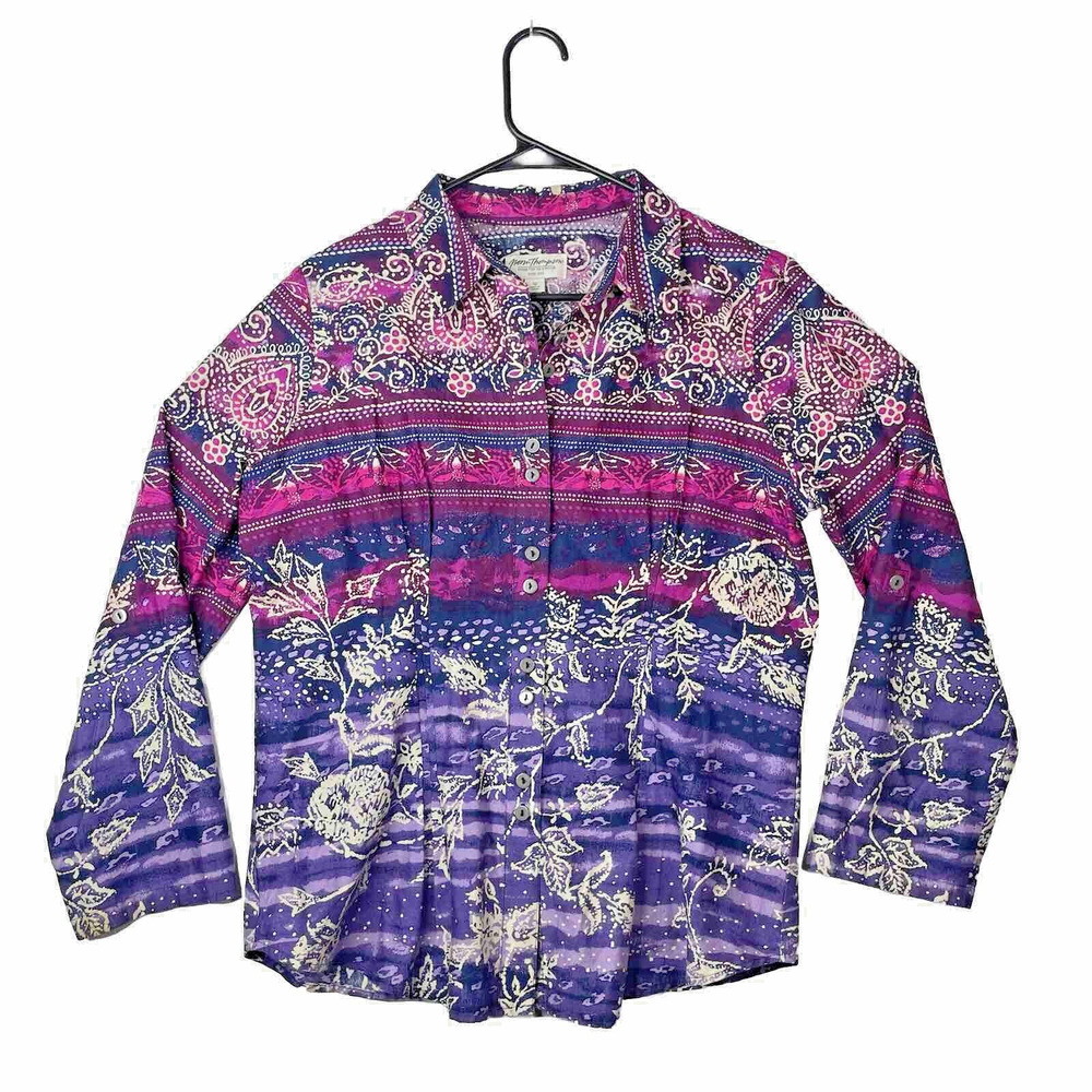 Norm Thompson Womens Shirt Long Sleeves‎ Purple Pink Paisley Sz 12 Groovy 70s